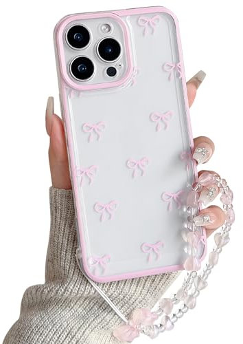 NITITOP Compatible with iPhone 16 Pro Max Case Cute Clear Pink Durable Ribbon Bowknot Pattern for Girls Women with Chain Wrist Strap Soft TPU Transparent Shockproof Protective Phone Cover - Pink