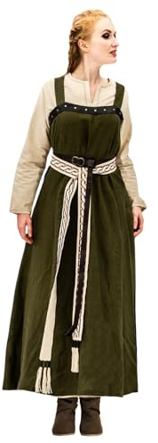Leonardo Carbone® Damen Überkleid Alena | Verstellbare Träger | Lederapplikationen | Wikinger, Karneval, Halloween, Cosplay, LARP, Mittelalter, Kleid, Leinen | 100% Leinen
