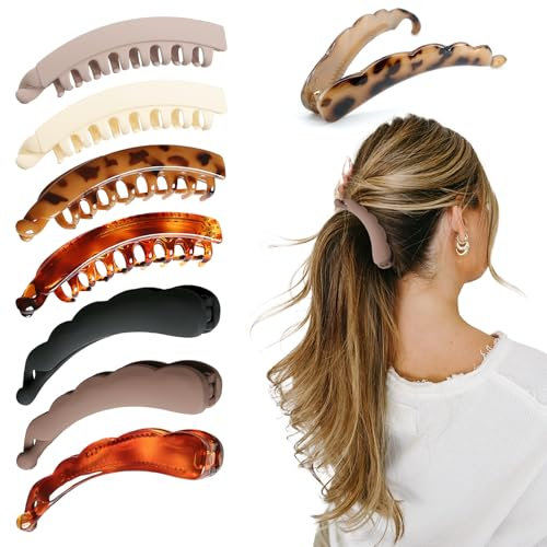 BORISCA 8 Stück Bananen Haarspange Groß, 4 Gewellte Banana Clip 12cm + 4 Bananenspange 13cm, Haarklammer Groß Vintage Pferdeschwanz Haarspange für Damen Mädchen Dicke Mittleres Haar (Mehrere Farben)