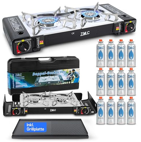 ZMC Réchaud à gaz de camping à 2 feux avec adaptateur pour raccord GPL + mallette de rangement, réchaud de camping avec cartouches de gaz de 227 g et plaque de cuisson au choix (réchaud à gaz + plaque