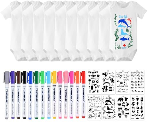 LOEPENLE 10er Set Bemalen Kurzarm Baby Body,Bemalen Babyparty, Baby mit 8 Kurzarmbody mit 8 Kurzarmbody+14 Bunte Textilstift+8 Schablonen für Babyparty Spiele Babyshower Strampler