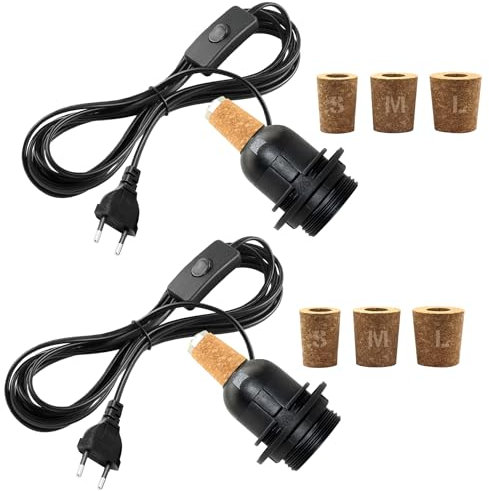 E27 Portalampada per Bottiglia 2 Pezzi, 240CM Cavo Porta Lampada con Interruttore, Nero Kit Lampada Bottiglia con 3 Tappi di Sughero, DIY Lampada da Tavolo Kit per Bottiglie di Diversi Calibri