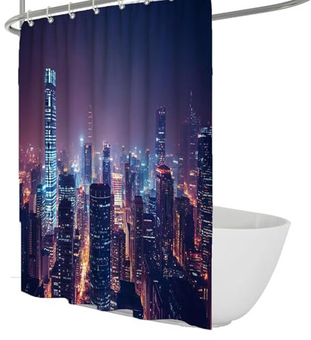 Rideau de douche avec vue sur la tête de la ville moderne Bâtiments de grande hauteur avec motifs de lumières vives Rideaux de salle de bain pour baignoires à cabine de douche 150 x 180 cm