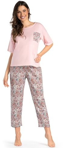 Mademoiselle Sommeil Damen Schlafanzug – 100% Baumwolle – Paisley-Hose & Rosa Shirt mit Brusttasche – Lässig & Hautfreundlich