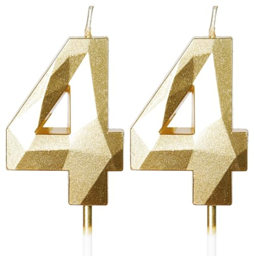 Yiran Gold 44. Geburtstagskerzen, 44. Geburtstagsdekorationen für Frauen und Männlich, 3D-Zahl-44-Kerze für Kuchen, Goldene Kuchendekorationen für Geburtstagsfeiern und Hochzeiten Zubehör
