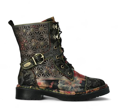 Laura Vita Women’s Incaso-36 Gothic Victorian Floral Leather Lace-Up High Ankle Boots – Side Zip Closure
