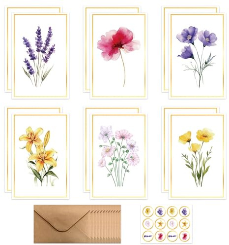 Zyluniy 12 Stück Blumen-Grußkarten mit Umschlag, Geburtstagskarten Dankeskarten Set, Blumenkarten Geburtstagskarte Klappkarten Glückwunschkarte Birthday Card für Geburtstag Jubiläum Kollegen Freunde