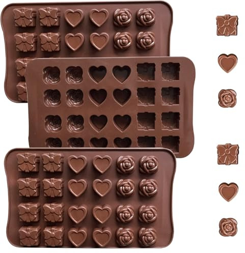 3 Stück Schokoladenformen 3D Silikonformen Schokoladenform Silikon Pralinenform Silikon Backform Pralinen Bonbonformen Schokolade Silikonform 24 Löcher, niedliche Formen (Geschenkbox, Herz, Rose)