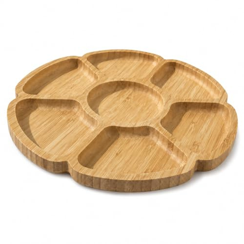 Mosto Wooden Charcuterie Board Small – Round Compact 25cm Bamboo Flower-Shaped Snack Tray with 6 Compartments & Centre Dip, Mini Serving Dish for Cheese, Fruit, Nuts & Picky Bits