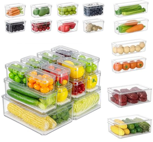 Set of 14 Fridge Organizers with Lids 3Sizes Clear Stackable Refrigerator Storage Bins with Drain Holes BPA-Free Plastic Food Containers for Fruits Vegetables Pantry Kitchen Cabinet Organization