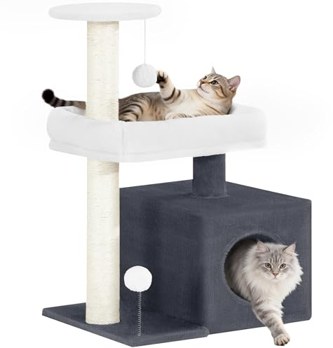 Fobyfurny Arbre à Chat, Tour pour Chat 75 cm, Gris Foncé et Blanc | 2 Poteaux à Griffer en Sisal, Niche Confortable, Plate-Forme de Repos, Perchoir d'Observation, Pompons FPMS009FG2