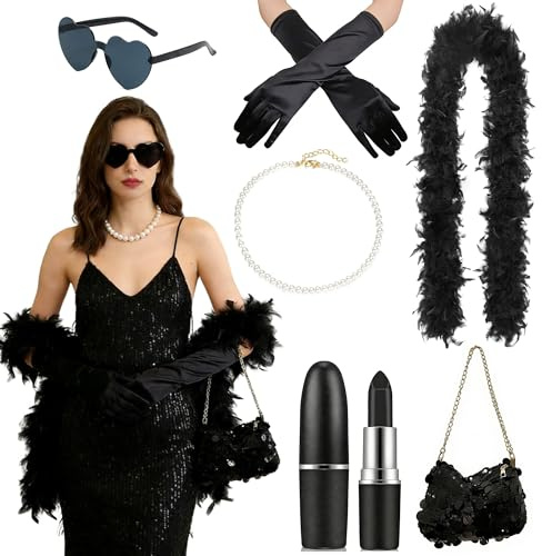 1920er Accessoires Damen,6er, mit Schwarz Federboa,Handschuhe Umhängetasche Perlenkette Schwarzer Lippenstift,für Gothic-make-up Karneval Fasching Mottoparty (A)