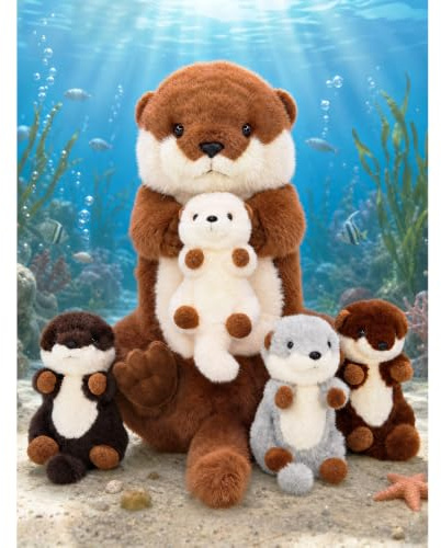 OUOZZZ 5er Set Otter Kuscheltier Plueschtier Mama mit 4 Babys im Bauch | Weiches, waschbares 48cm Otter Set mit Reissverschluss, interactive Plueschtier-Mama ideal als Geschenk fuer Kinder.