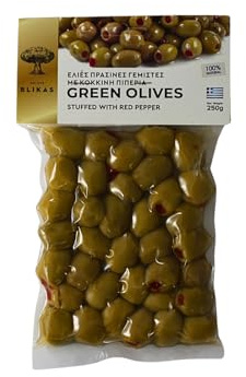 Blikas Olive Verdi Greche Ripiene di Peperoni Rossi Florina 2x250g | Olive in salamoia, croccanti e saporite, pronte da gustare