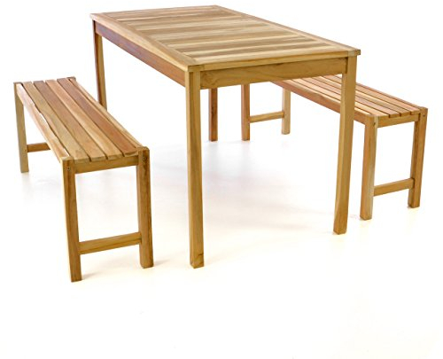 Divero Garten-Set Sitzgruppe Gartenmöbel-Garnitur 3-teilig 1 Tisch 2 Bänke behandelt unbehandelte Oberfläche Teak-Holz massiv 135 cm wählbar (Teak Natur)