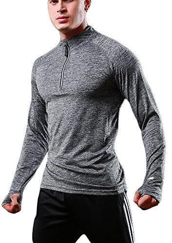 Herren Langarm Laufshirt, Schnelltrocknendes Funktions Sweatshirt, Base Layer Sportshirt, Reißverschluss am Stehkragen, Daumenlöcher, Reißverschlusstasche für Outdoor Fitness Wandern (Dunkelgrau;L)