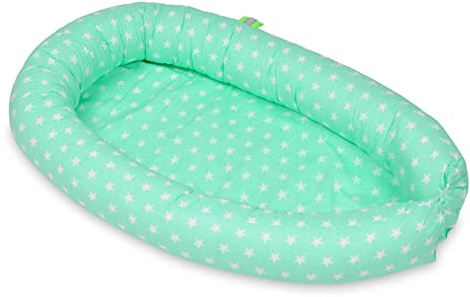 Velinda Kuschelnest Babynest Babynestchen Nestchen Reisebett Kuschelbett 100% Baumwolle (Muster: weiße Sternchen auf Pfefferminzgrün)