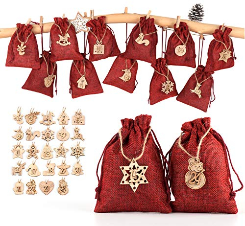 ABSOFINE 24 stück Jutesäckchen mit 24 Adventszahlen Zahlen Holz Deko Holz-Anhänger für Weihnachten Adventskalender Jutebeutel Stoffbeute Geschenksäckchen zum Befüllen(Rot)