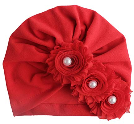 MoreChioce Baby Mütze Neugeborene,Weich Baumwolle Mädchen Turban Kleinkind Kopfbedeckung Strickmütze Elastische Stirnbänder mit Perlen Blume Haarband Beanie Hut Babymütze,Rot
