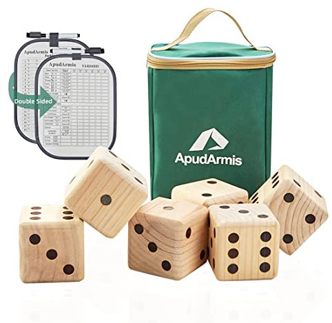 ApudArmis Giant Wooden Yard Dice Set, 3.5In Big Dice Lawn Game Set with Scoreboard,Carrying Bag - Giant Pine Wooden 6 Dice Game Set for Teens Adults Family