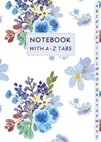 Notebook with A-Z Tabs: Large A4 Blank Lined Notebook with Alphabetical Printed, Gifts for Women, Blue Floral Cover