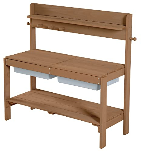 roba Kinder Outdoor Gartenküche Fun - Holz Matschküche mit Abnehmbarer Abdeckung - 2 Kunststoff-Wannen & Ablage - Wetterfester Arbeitstisch/Spielküche für draußen - Teak, 1 Stück (1er Pack)