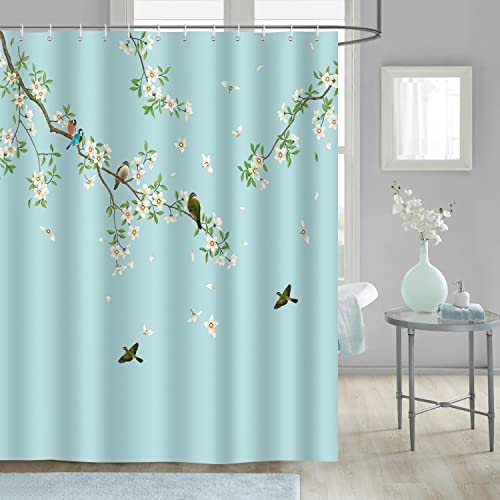 Bonhause Duschvorhang Blumen und Vögel 180 x 180 cm Duschvorhänge grün Anti-Schimmel Wasserdicht Polyester Stoff Waschbar Bad Vorhang für Badzimmer mit 12 Haken