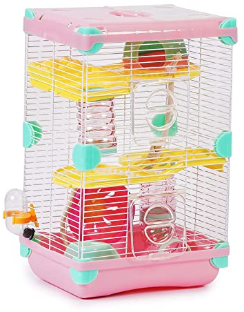 Jaula para Hámster Roborowski Jaula para Hámster 27.7 * 20.5 * 42.5cm jaulas Hámster 2 Pisos con Rueda Bebedero comedero (Rosa)