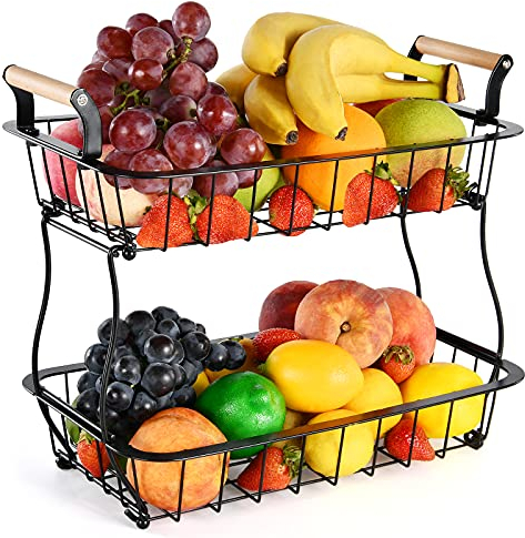 ANTOPY 2 Etagen Obstkorb für die Küche Gemüse Obstkorb Schüsselständer Metall Rechteck Drahtkorb Aufbewahrungshalter für Obst Gemüse Brot Snacks Küchenorganizer, Schwarz