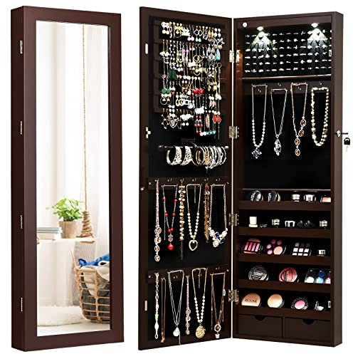 GOPLUS Armoire à Bijoux Murale avec Lumières LED et Miroir, Rangement avec Miroir Plein Longueur sur le miroir, Autoportante Verrouillable avec Crochet de Collier, avec Serrure et Clés (Brun)