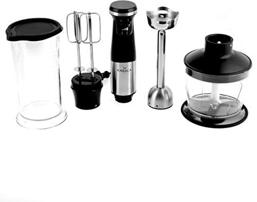 Karaca Inox Schwarz Mixer Stabmixer mit 4 Klingen, Zerkleinerer, Doppelschläger, 800 Ml Rührschüssel, 500 Ml Zerkleinerungsschüssel, 1000 Watt, Köstliche Mischungen, Leistungsstark, Turbofunktion