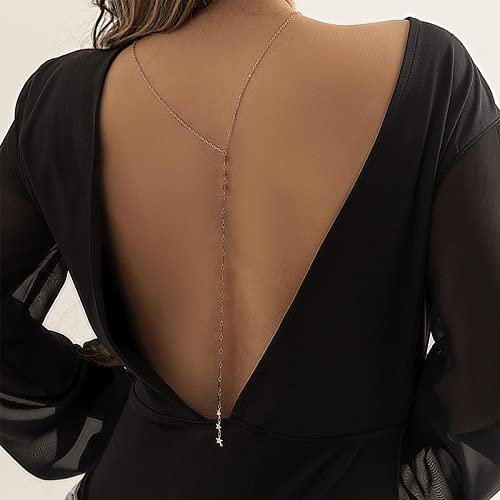 Inateannal Gold Back Necklace for Wedding Bridal Sexy Star Pendant Necklace Body Chain Long Tassel Backdrop Necklace Body Jewelry Women Girls