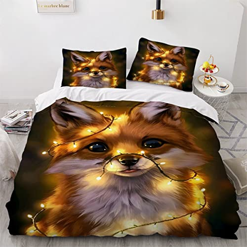 XPINGO Kinder Bettwäsche Fuchs 135x200 cm 2teilig Jungen und Mädchen Mikrofaser Weiche Winter Warm Bettbezüge mit Reißverschluss 3D Kawaii Tier Bettbezug mit Kissenbezüge 80x80 cm