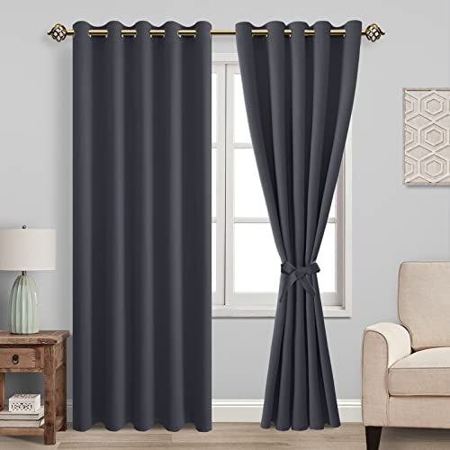 JIUZHEN Vorhang Blickdicht mit Raffhalter Verdunkelungsvorhänge Thermogardine Ösen Gardinen Ösenvorhang für Schlafzimmer Wohnzimmer, Dunkelgrau, 2 Stück, 228x167cm(HxB)