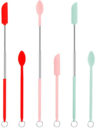 6pcs Mini Silicone Telescopic Spatula and Spoon Sets, Portable Retractable Mini Spatula with Hanging Buckle for Kitchen Cooking Cosmetics Makeup (Pink, Blue, Red)