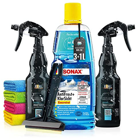 Frostschutz Auto Set: Sonax Antifrost + Klarsicht Konzentrat (1L) + 2x ADBL Enteiserspray + Murska Eiskratzer - Für klare Sicht im Winter - Scheibenfrostschutz, Frostschutzmittel | 8-tlg
