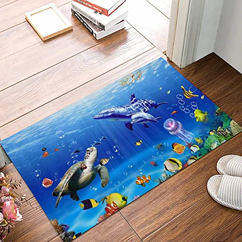 Weich Badezimmerteppich 50x80 cm,Ozean Unterwasserwelt Meereswelt Tiere Tropischer Fisch Delfin mit Schildkröte,Rutschfest waschbar Badematte, Badteppich Mikrofaser Saugfähig Badvorleger Duschvorleger
