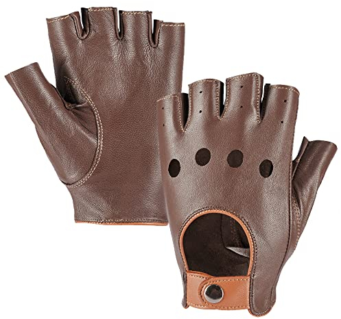 MGGMOKAY Fingerlose Herren Half Finger Autofahrer Handschuhe aus Leder,BraunKamel,S