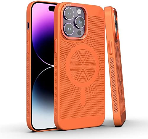 Luoiwei Case for iPhone 11 Pro Max Hülle, Compatible with Magsafe, Magnetic Cooling Heat Dissipation Mesh Phone Case, Hard PC Back Detachable Metal Buttons,Slim Fit Anti-Fingerprint Cover, Orange