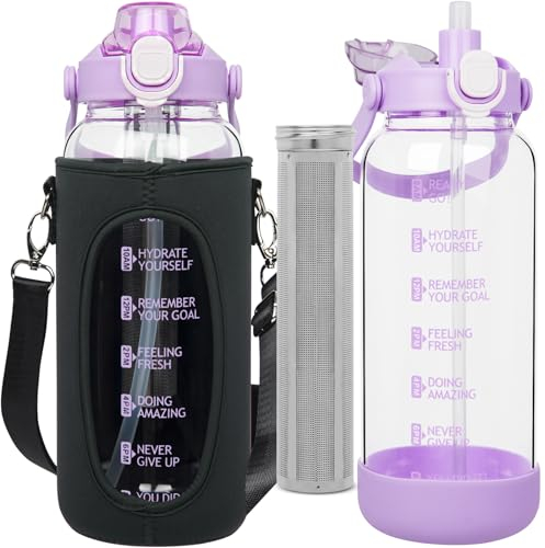 Seekua 2l Trinkflasche Glas mit Strohhalm & Sieb, 2 liter Cold Brew Flasche mit Filter für kaltgebrühten Kaffee, oder Eistee, Teeflasche