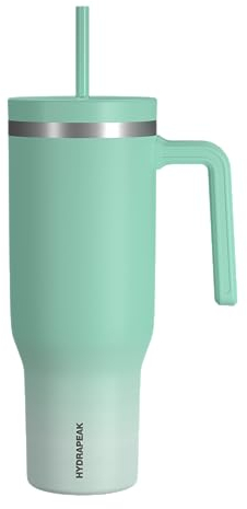 Hydrapeak Voyager - Vaso de acero inoxidable de 40 onzas con asa, botella de agua aislada con popote y tapa, apta para portavasos, taza de viaje reutilizable (salvia pálida degradado helado)