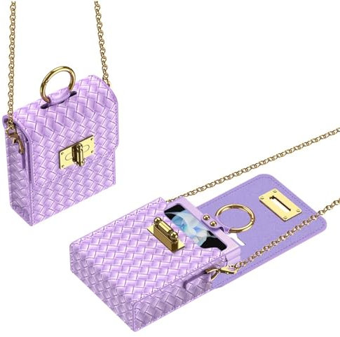 Qoosea Bag Case for Samsung Galaxy Z Flip 5/1/2/3/4 with Metal Shoulder Strap Soft Skin-Friendly Back and Hand-Lifting Dual-use Bag PU Crossbody Phone Cover for Galaxy Z Flip 5/1/2/3/4 (Purple)