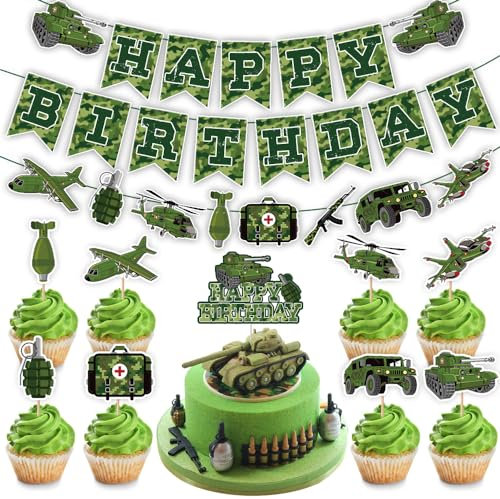 Camouflage-Geburtstagsparty-Zubehör, grünes Camouflage-Geburtstagsbanner, Armee-Soldaten, Militär-Geburtstagstortenaufsatz, Cupcake-Topper