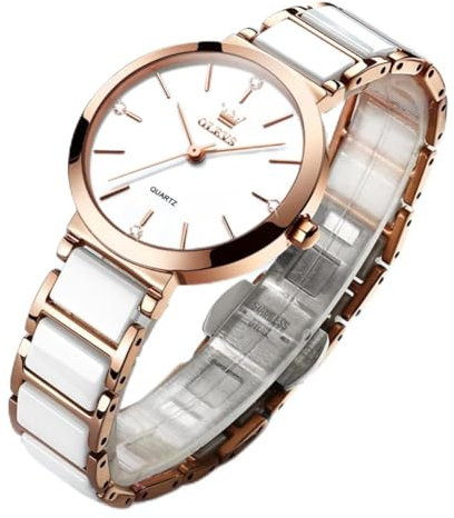 OLEVS Uhren für Frauen, wasserdicht, Quarz, Damenuhren, Keramik, Edelstahl, Uhrenarmband, Montre Femme, elegantes Geburtstagsgeschenk, für Damen, Mädchen, Roségold Weiß, Kleid