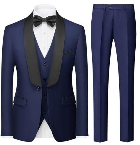 KUDORO Men Suits 3 Piece Slim Fit Suit Casual Business Formal Dinner Tuxedo Suit for Men Classic Blazer Waistcoat Trousers Set Navy