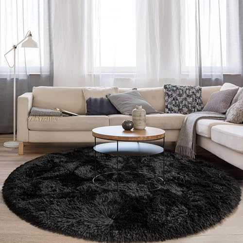 Lightlux Rund-Shaggy Hochflor Teppich für Wohnzimmer - Langflor, Hochwertig, Pflegeleicht, Hohe Fadendichte, Wasser Indoor Bodenmatte (Dunkel, 153×153cm)