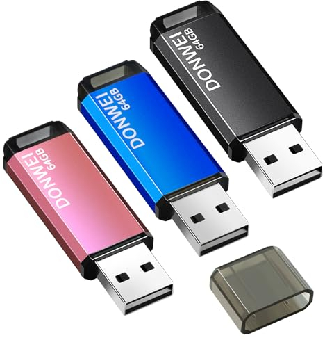 DONWEI Cle USB 64 Go, Clé USB,Lot de 3 Clés USB avec Lumière LED Rapide Grande Capacité, Métal Clef USB Mémoire Externe pour Le Stockage de Musique et des Dossiers (Rose, Bleu, Noir)