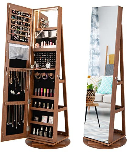 COSTWAY Armoire à Bijoux Pivotante à 360°, Rangement Bijoux Design 3 en 1 avec Miroir Pleine Longueur et Lumières LED 3 Couleurs, Organisateur de Bijoux Style Nordique, Brun