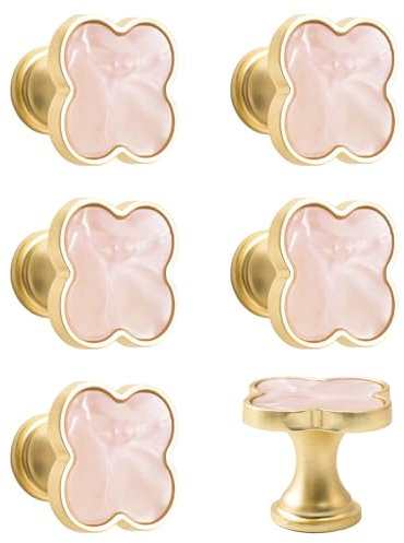 MOROBOR 6 PCS Four-Leaf Clover Handle, Creative Cabinet Drawer Pulls Multifunctional Single Hole Zinc Alloy Knobs for Dresser Wardrobe Door Furniture Accessories/Gold Base with Pink Surface