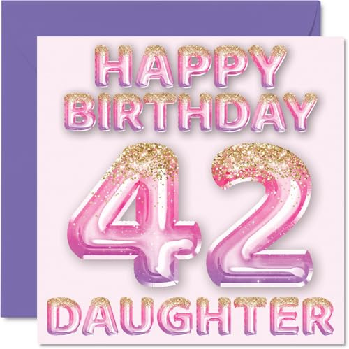 42nd Birthday Card for Daughter, Pink & Purple Glitter Balloons | Happy Birthday Cards for 42 Year Old Daughter from Mum or Dad Parents, 145mm Bday Greeting Cards Gift
